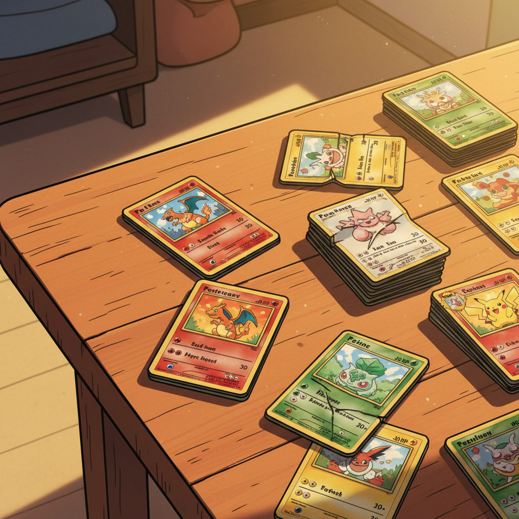 Cartes Pokémon disposées en éventail sur une surface organisée, évoquant la sélection stratégique