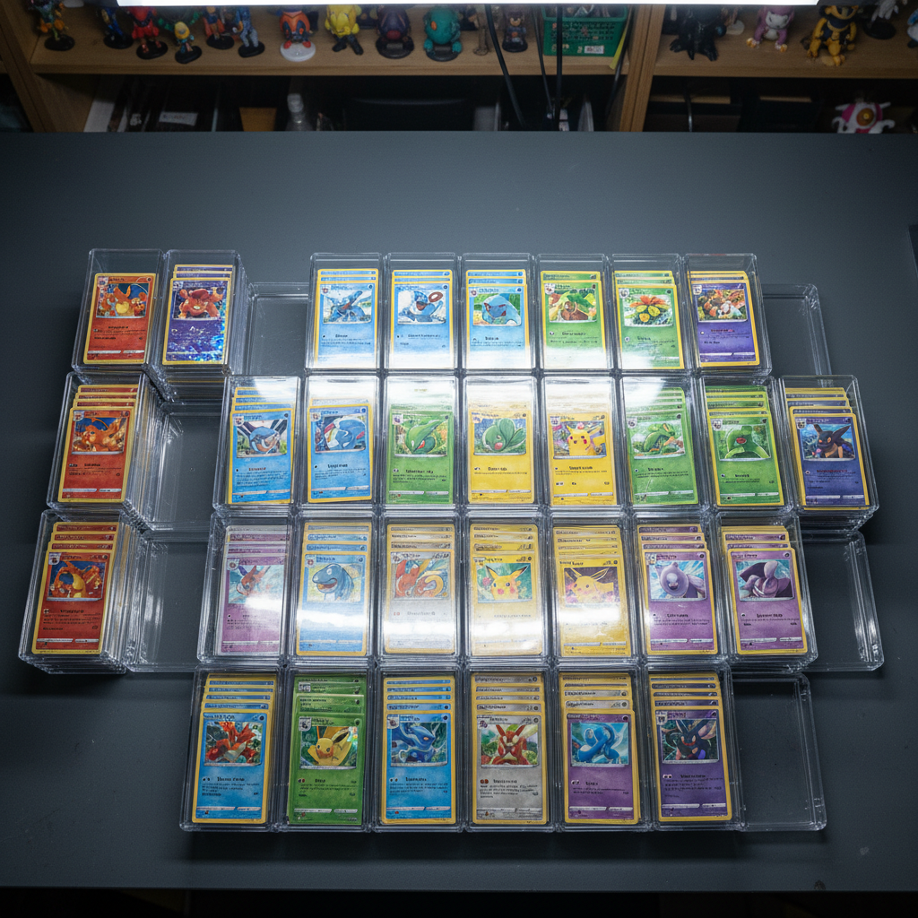 Mains expertes tenant délicatement une carte Pokémon holographique dans un environnement de stockage professionnel avec éclairage tamisé