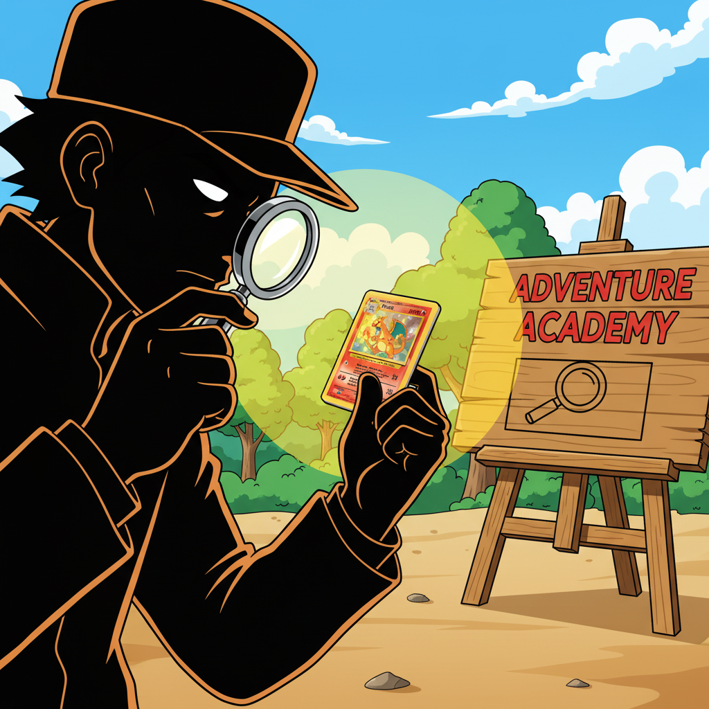 Espace de travail minimaliste avec une calculatrice, des documents financiers et une carte Pokémon ancienne posée sur un bureau éclairé