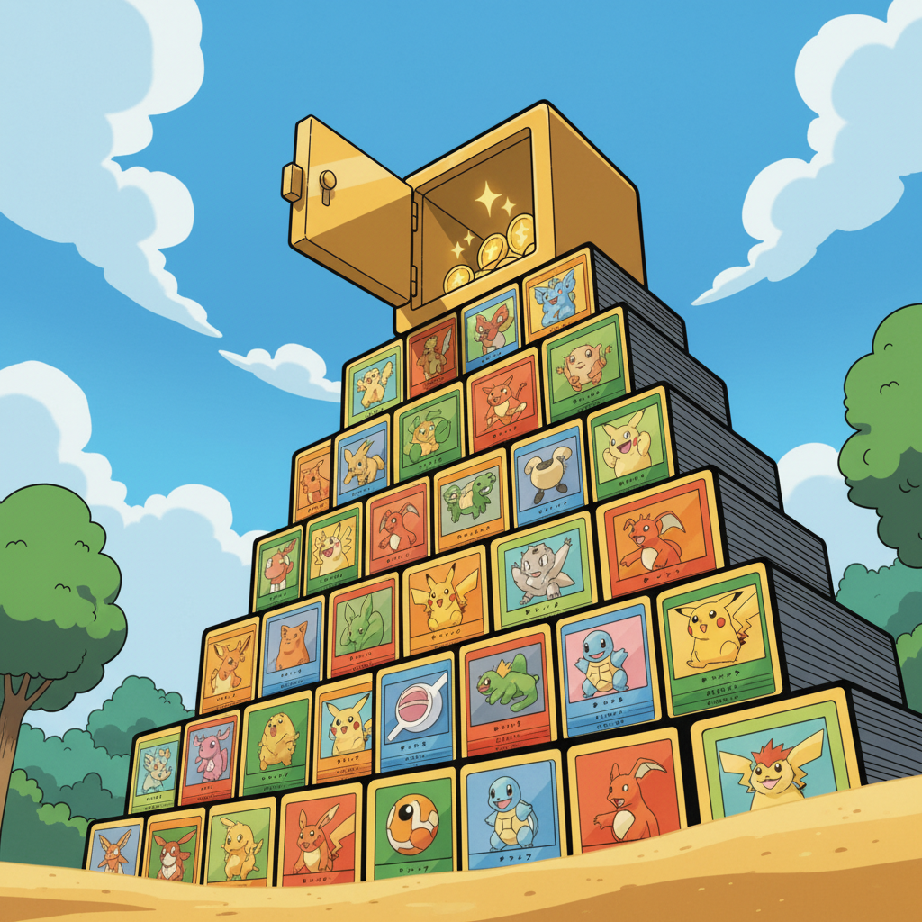 Balance symbolique pesant des cartes Pokémon contre des pièces de monnaie représentant les frais